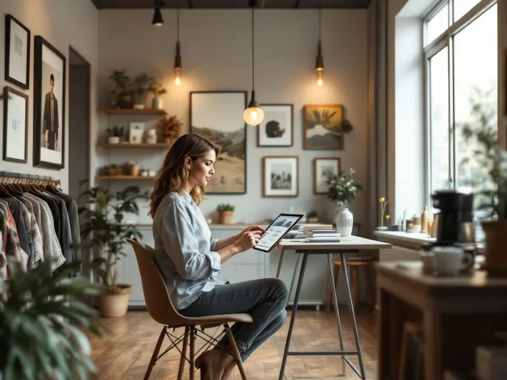 Eine junge Frau nutzt ein Tablet an einem stilvollen Arbeitsplatz in einem gemütlichen, modern eingerichteten Raum. Das Bild symbolisiert, wie Künstliche Intelligenz (KI) als Marketing-Assistent kreative und effiziente Arbeitsprozesse unterstützt.