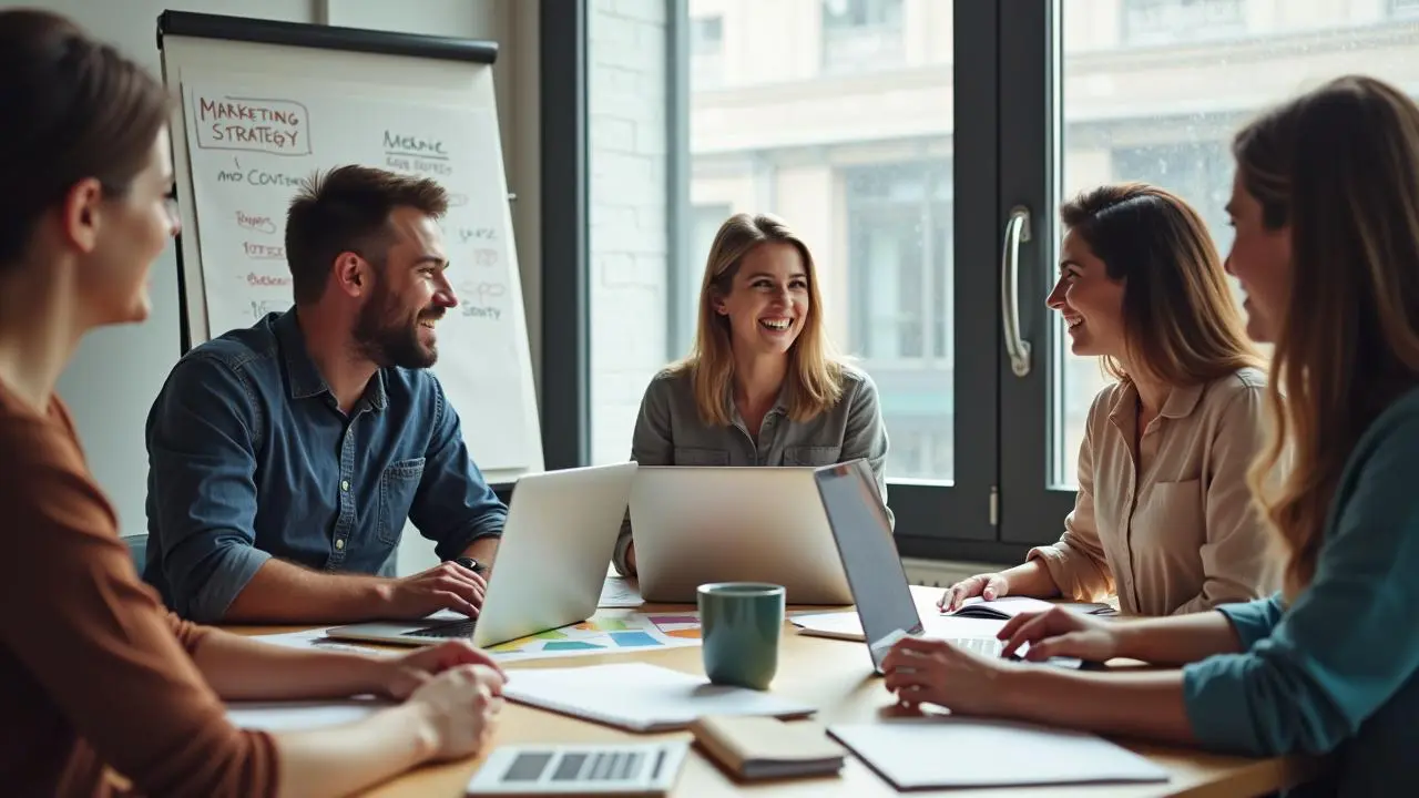 Ein Team von jungen Fachleuten sitzt in einem modernen Büro und diskutiert lebhaft Marketingstrategien, unterstützt von Laptops und einem Flipchart mit dem Titel 'Marketing-Trends 2025 - Kleine Unternehmen im digitalen Wandel'. Das Bild symbolisiert die Zusammenarbeit und den kreativen Einsatz digitaler Tools im modernen Marketing.