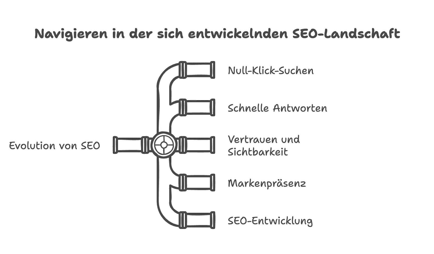 Grafische Darstellung der SEO-Evolution mit Fokus auf Null-Klick-Suchen, schnelle Antworten, Vertrauen und Sichtbarkeit, Markenpräsenz und SEO-Entwicklung.