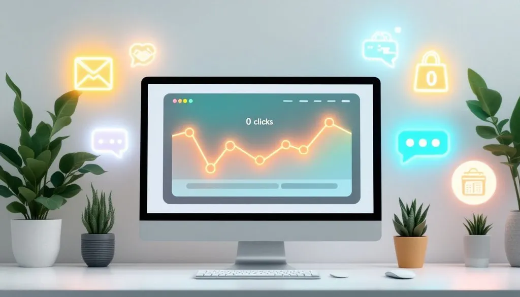 Grafik einer digitalen Performance-Analyse mit einem Computerbildschirm und Statistiken, umgeben von digitalen Icons, Pflanzen und einem cleanen Design – fresch webdesign aus Korschenbroich.