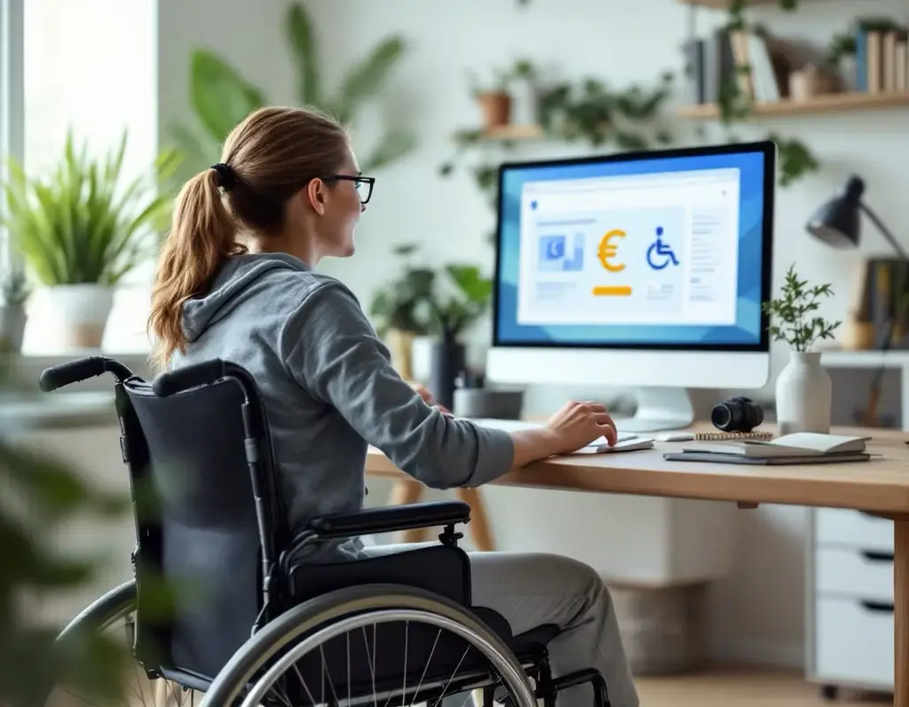 Das Bild zeigt ein Dame im Rollstuhl die sich über Fördermöglichkeiten für barrierefreie Webseiten informiert. 
