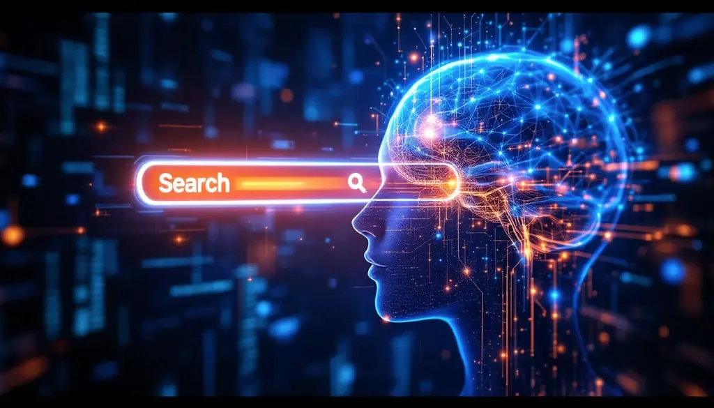 Futuristische Darstellung eines menschlichen Kopfes mit neuronalen Netzwerken und integrierter Suchleiste – symbolisiert den Google AI Mode und KI-gestützte Suche