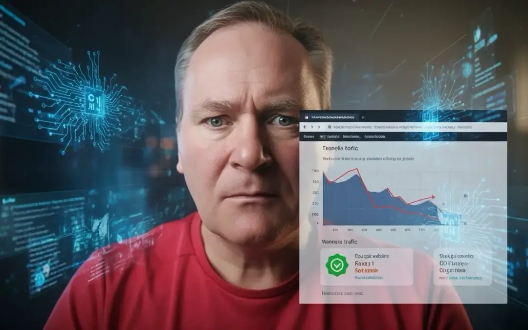 Website-Betreiber analysiert sinkenden Traffic trotz guter Google-Rankings auf Analytics-Dashboard mit KI-Technologie im Hintergrund