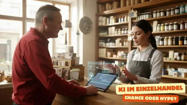 Verkäuferin zeigt einem Kunden in einem kleinen Laden KI-gestützte Informationen auf einem Tablet – Thema: KI im Einzelhandel.