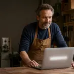 Handwerker in einer kleinen Werkstatt schaut auf einen Laptop mit unscharfer KI-Suchoberfläche und symbolisiert Inhalte, die von Google AI Overviews genutzt werden.
