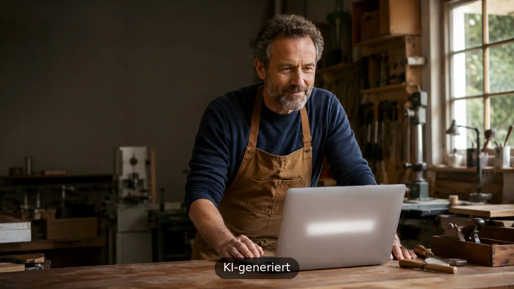 Handwerker in einer kleinen Werkstatt schaut auf einen Laptop mit unscharfer KI-Suchoberfläche und symbolisiert Inhalte, die von Google AI Overviews genutzt werden.