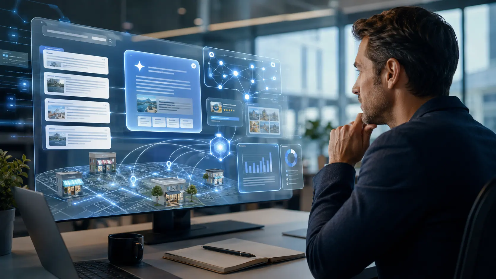 Futuristische Visualisierung der veränderten Google-Suche 2026 mit KI-Antworten, SEO-Daten und lokaler Sichtbarkeit.