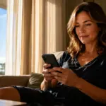 Frau sitzt im Sommer auf dem Sofa, schaut auf ihr Smartphone und hat ein Glas Wasser mit Eiswürfeln auf dem Couchtisch stehen.
