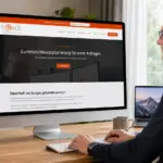 Kostenloser SEO-Check von fresch-webdesign auf einem Monitor, während eine Website auf Sichtbarkeit bei Google geprüft wird.