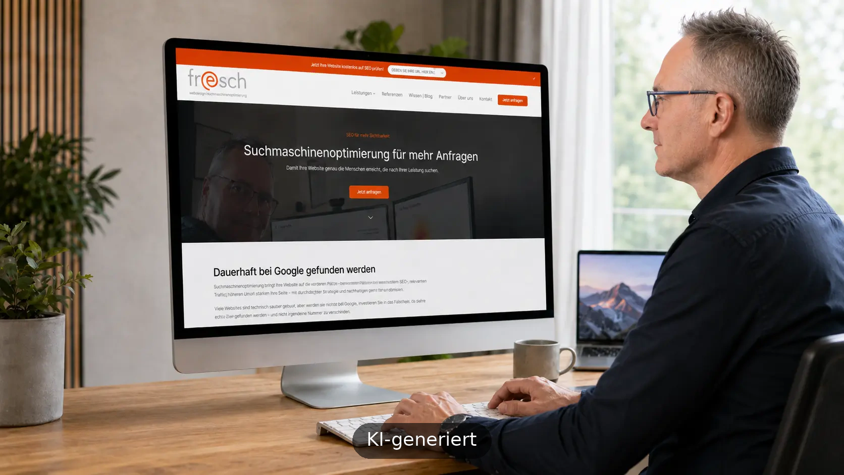 Kostenloser SEO-Check von fresch-webdesign auf einem Monitor, während eine Website auf Sichtbarkeit bei Google geprüft wird.