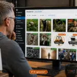 Sven Frank prüft am Monitor eine WordPress-Mediathek, in der KI-generierte Bilder sichtbar mit einem Badge gekennzeichnet sind.