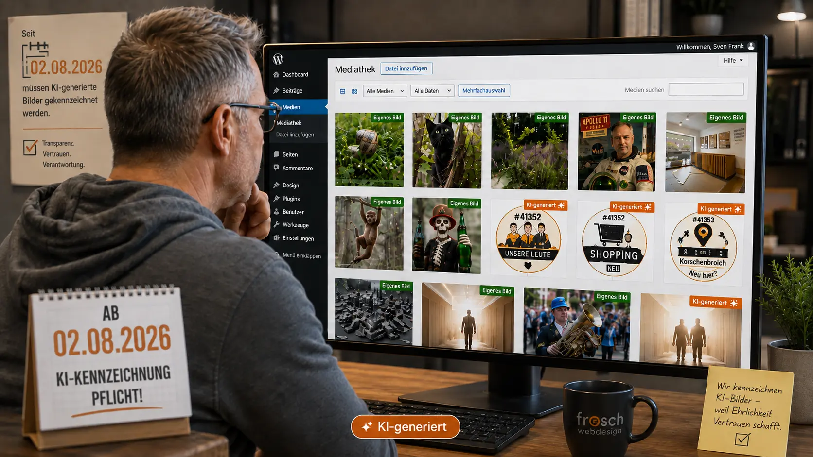 Sven Frank prüft am Monitor eine WordPress-Mediathek, in der KI-generierte Bilder sichtbar mit einem Badge gekennzeichnet sind.