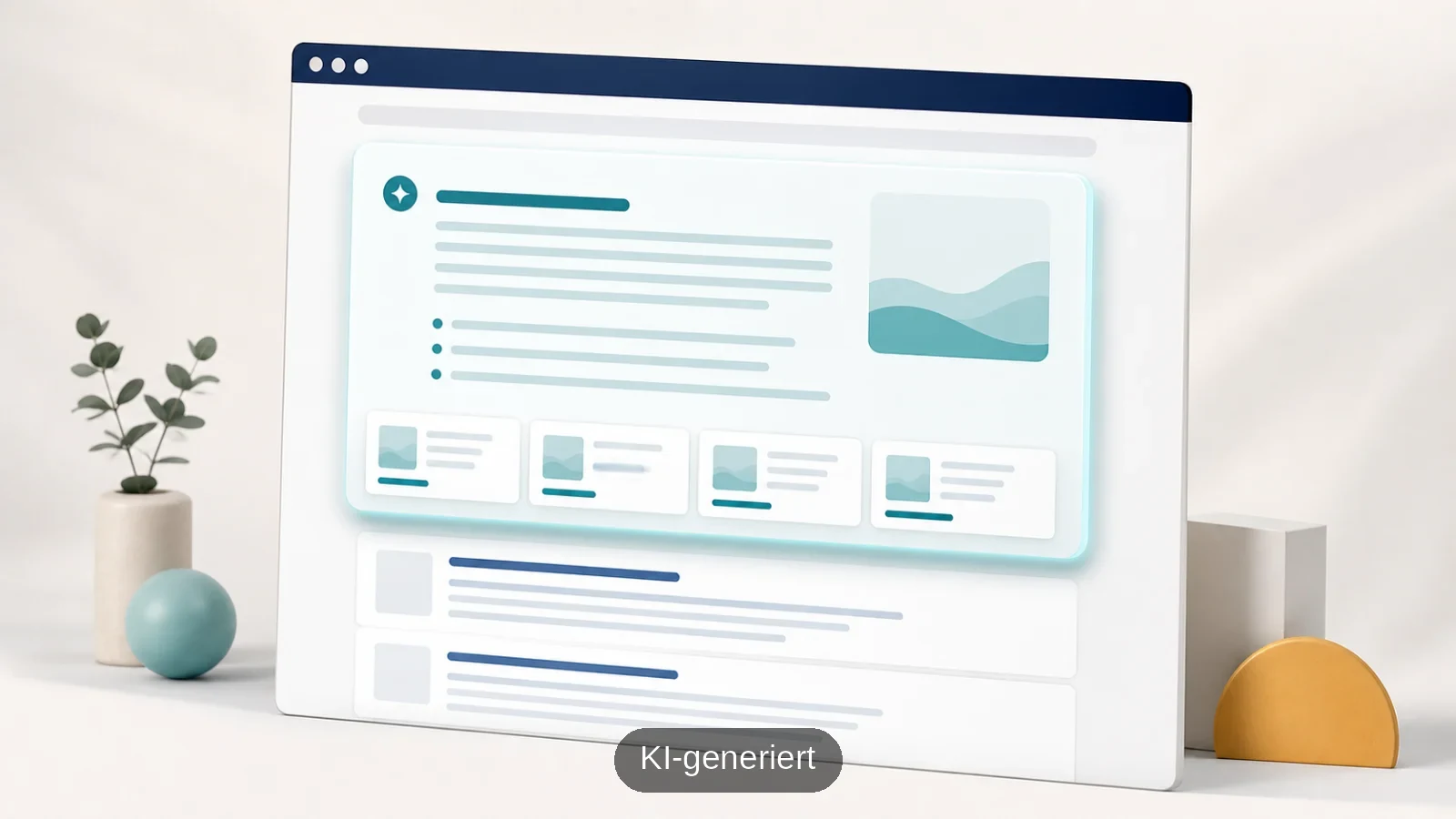 Schematische Google-Suchergebnisseite mit vollständig geöffneter KI-Antwort über den klassischen Suchtreffern (KI-generierte Illustration)