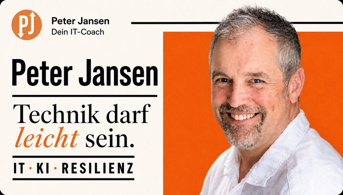 Peter Jansen, IT- und KI-Trainer aus Brüggen, neben dem Schriftzug Technik darf leicht sein